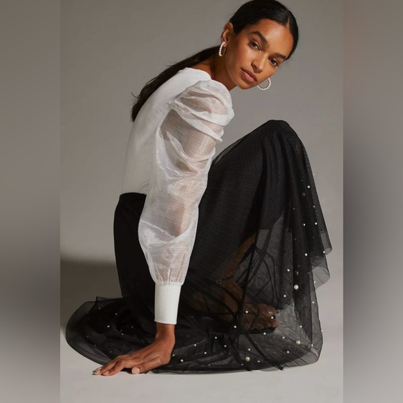 Anthropologie Dolan Elegant Feminine White Puff Organza Sleeve Top - Picture 2 of 6